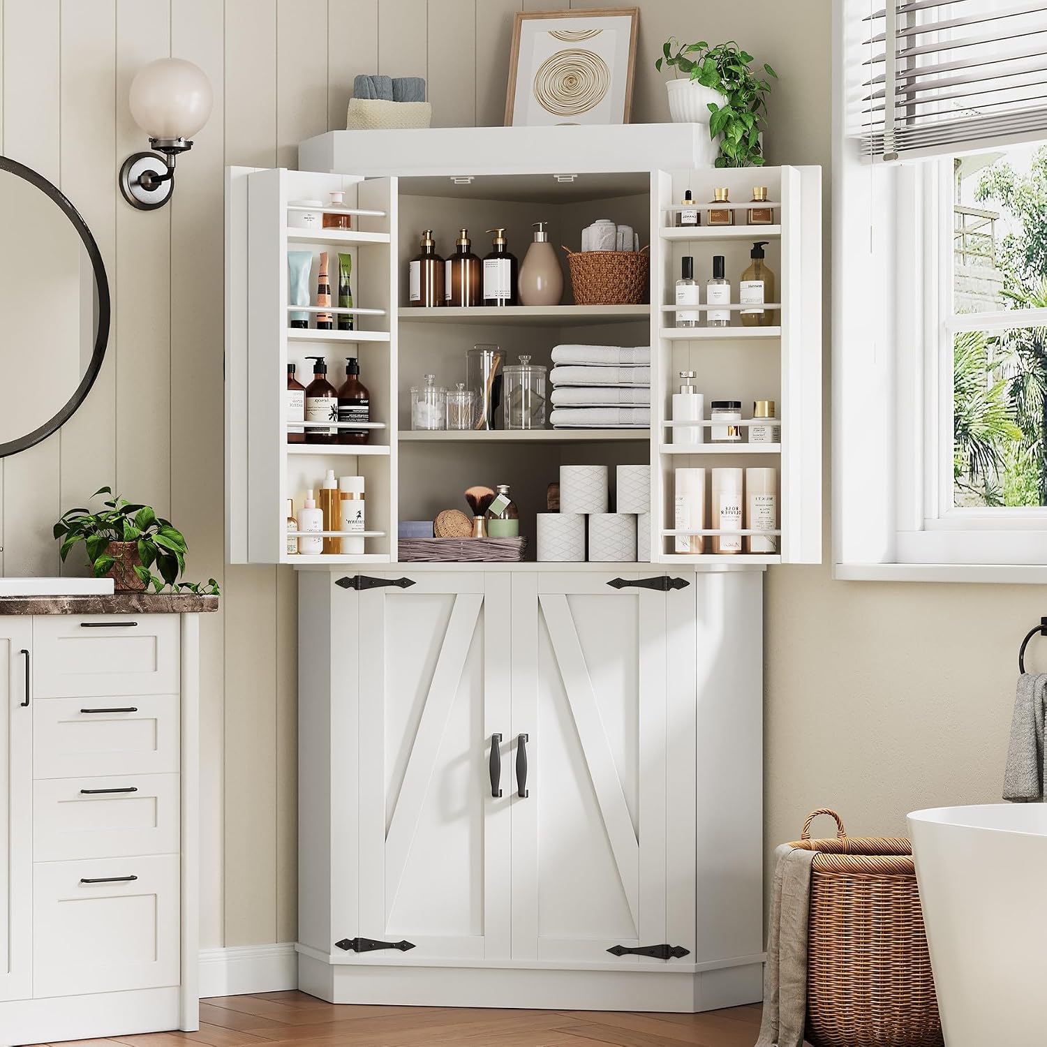 Jocoevol Corner Cabinet, Kitchen Pantry Storage Cabinet with 4 Doors and Shelves, Tall Food Pantry Storage Cabinet Farmhouse Furniture for Kitchen Dining Room, White