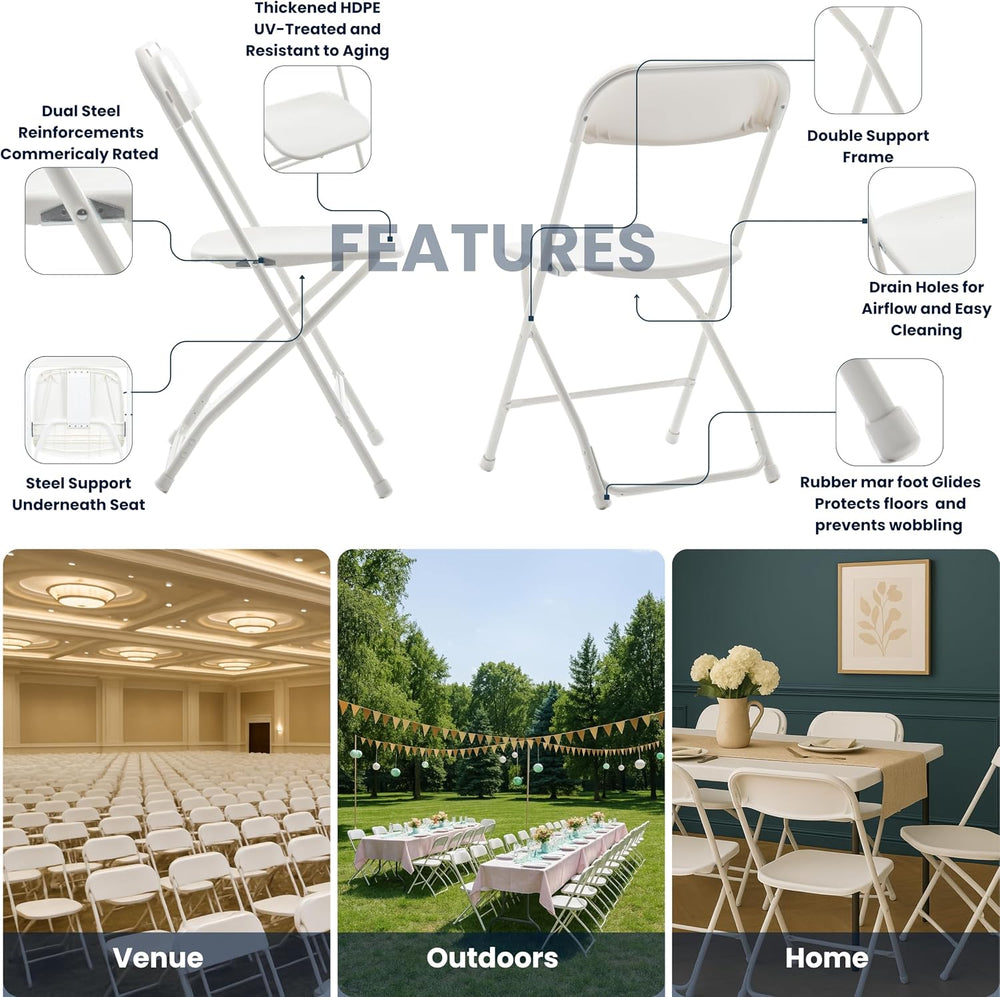 BTEXPERT Set of 5 Pack, White Plastic Folding Chair Steel Frame Commercial Hi...
