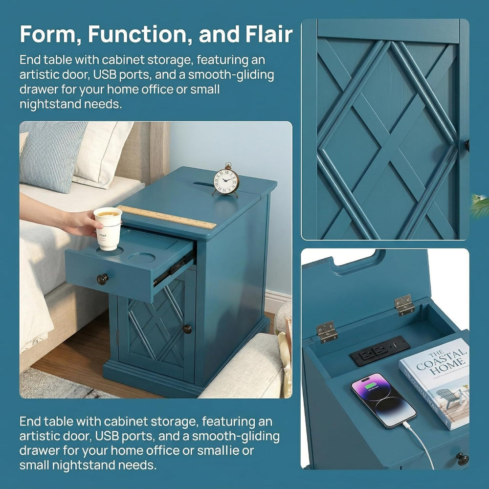 Polibi End Table with USB Ports and Storage, Bedside Table with Artistic Door...