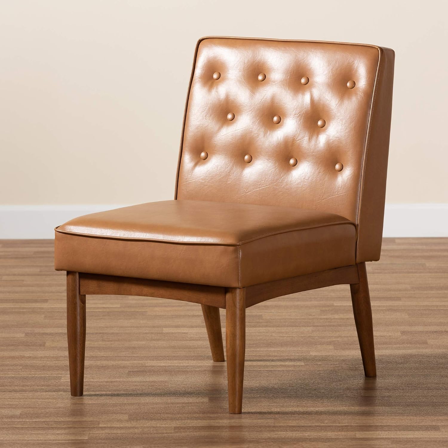 Baxton Studio Riordan Mid-Century Modern Tan Faux Leather Upholstered and Walnut Brown Finished Wood Dining Chair