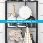 3 Tier Floor Standing Corner Shower Caddy Organizer Shelf with Hooks, Bathroom Shelves Stand Rack, Matt Black