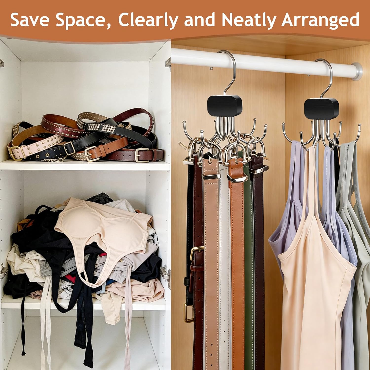Belt Hanger for Closet, 3 Pack Belt Organizer for Closet Space Saving & Storage, 360° Rotatable & Foldable Hooks, Large Capacity Holder Rack for Tie, Tank Top, Bra, Purse, Hat (Black)