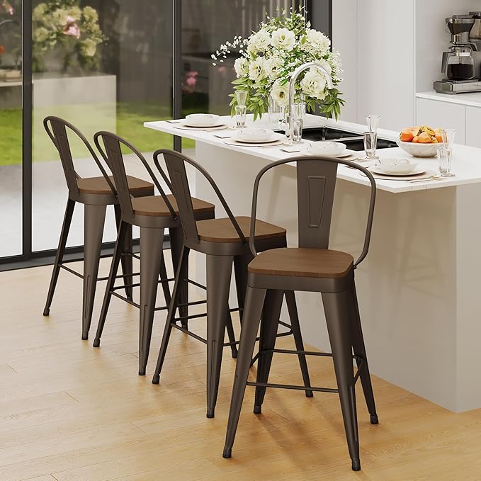 Andeworld Metal Bar Stools Set of 4, 26 inch Counter Height Barstools with Backs Farmhouse Modern High Back Bar Stools with Larger Seat Kitchen Dining Bar Chairs,Rusty