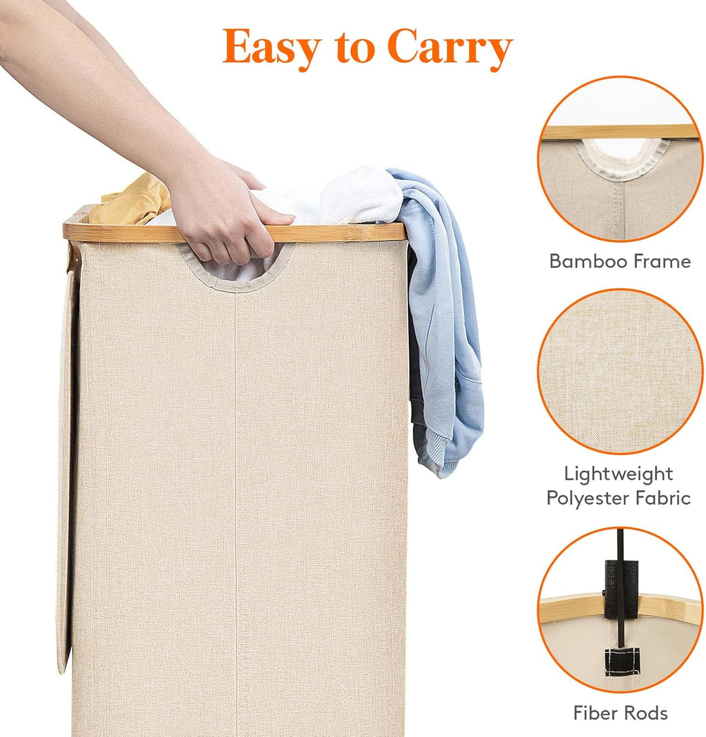 Lifewit 100L Laundry Basket with Lid, Clothes Hampers for Laundry with Bamboo Handles and A Removable Bag, Large Foldable Laundry Hamper for Bedroom, Bathroom, Dorm, Laundry Room, Beige