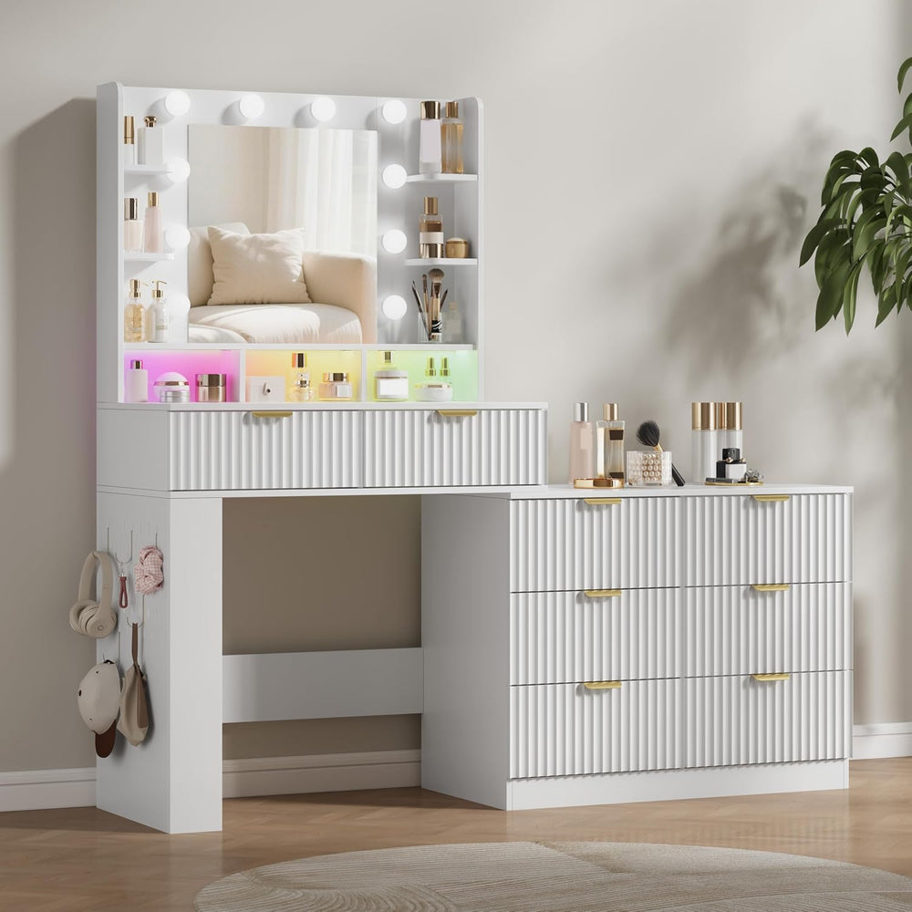 HUANLEGO 57" Fluted Makeup Vanity Desk with Mirror and Lights, White