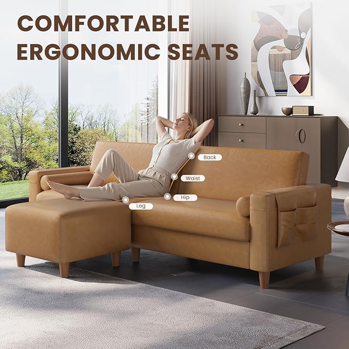 Vesgantti 100" Faux Leather Sofa with Movable Ottoman, Large 2 Seater L Shaped PU Leather Couch with Side Pocket, Comfy Mid Century Modern Modular Sectional Sofa for Living Room, Apartment, Camel