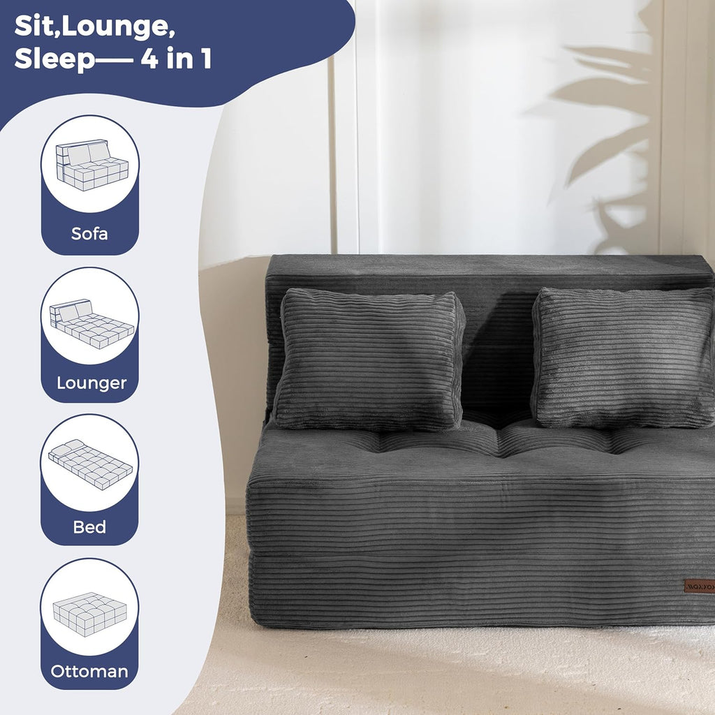 MAXYOYO Convertible Sofa Bed, Fold Out Sofa Couch with Pillow for Adults | Loveseat Sofa 4 in 1 Tufted Folding Couch Bed Foam Floor Couch, Lazy Chair for Living Room Bedroom Guest Room, Dark Grey