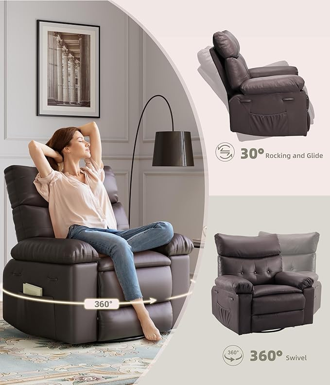 GarveeHome Oversized Wide Rocker Swivel Recliner Chair - PU Leather Manual Recliner for Adults, Large Nursery Chair Lazy Recliner with Comfort Arm and Back for Living Room, Bedroom