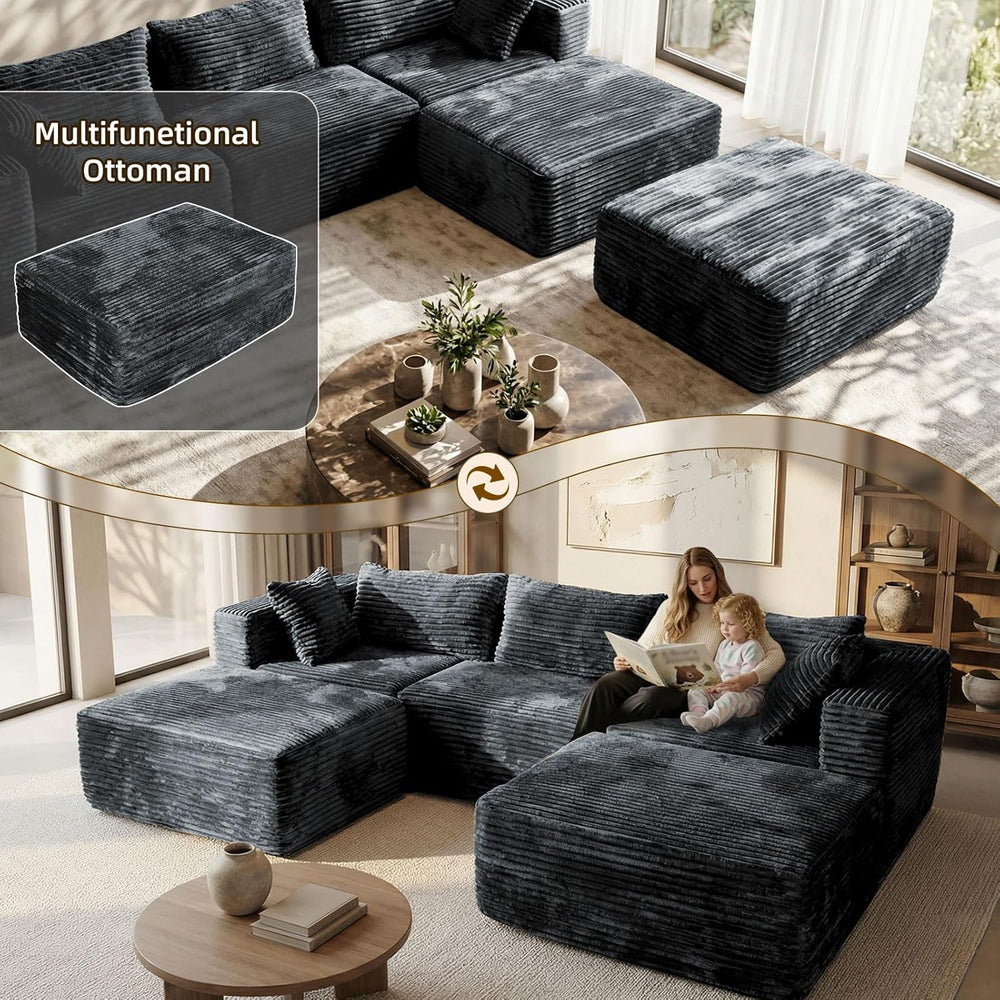 110 Modular Sectional Sofa with 2 Ottomans, Corduroy U-Shaped Modular Section...