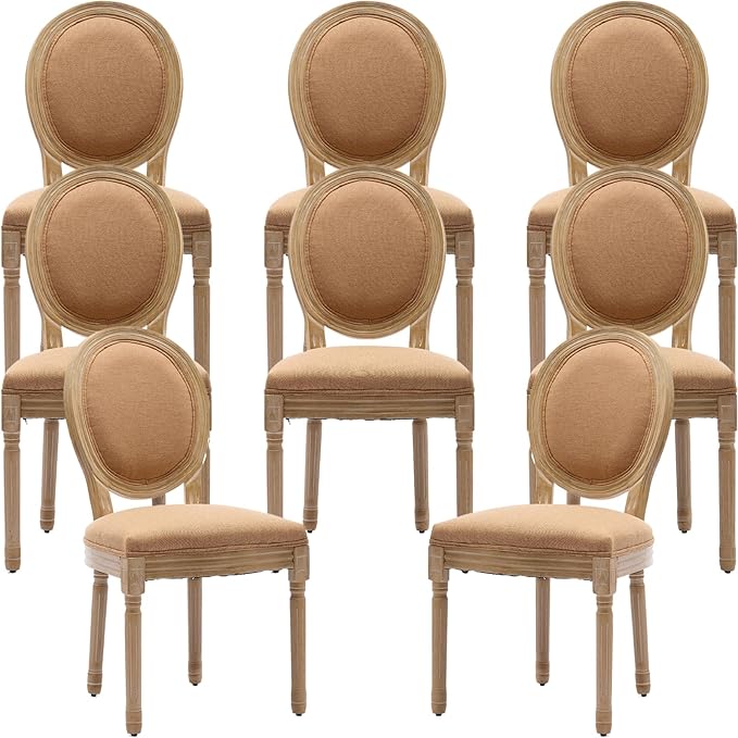 French Country Dining Chairs Set of 8, Caramel Kitchen & Dining Room Chairs Set of 8, Linen Upholstered Dining Chairs, Wood Legs, Sillas De Comedor (Fabric, Amber, 8Pcs)
