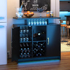 Wine Bar Cabinet with Power Outlet and LED Light, Coffee Bar Cabinet with Wine Rack, Storage Shelves and Cabinets, Large Space Liquor Cabinets for Kitchen Dining Room Living Room, Black