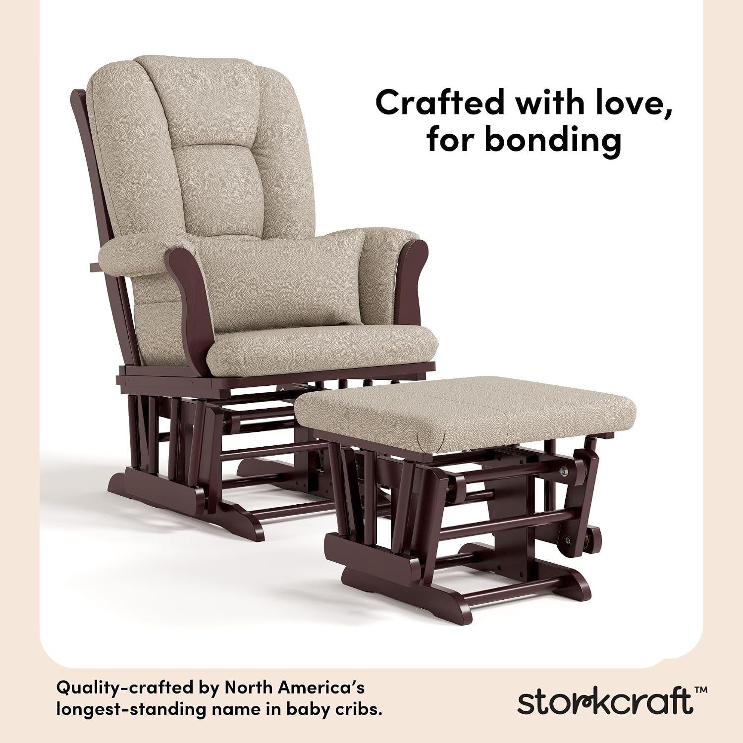 Storkcraft Tuscany Glider & Ottoman and Lumbar Pillow, Espresso/Taupe Swirl | GREENGUARD Gold Certified, Bonus Lumbar Cushion Included, Solid Wood Base, Smooth Motion, Award-Winning Nursery Rocking Chair