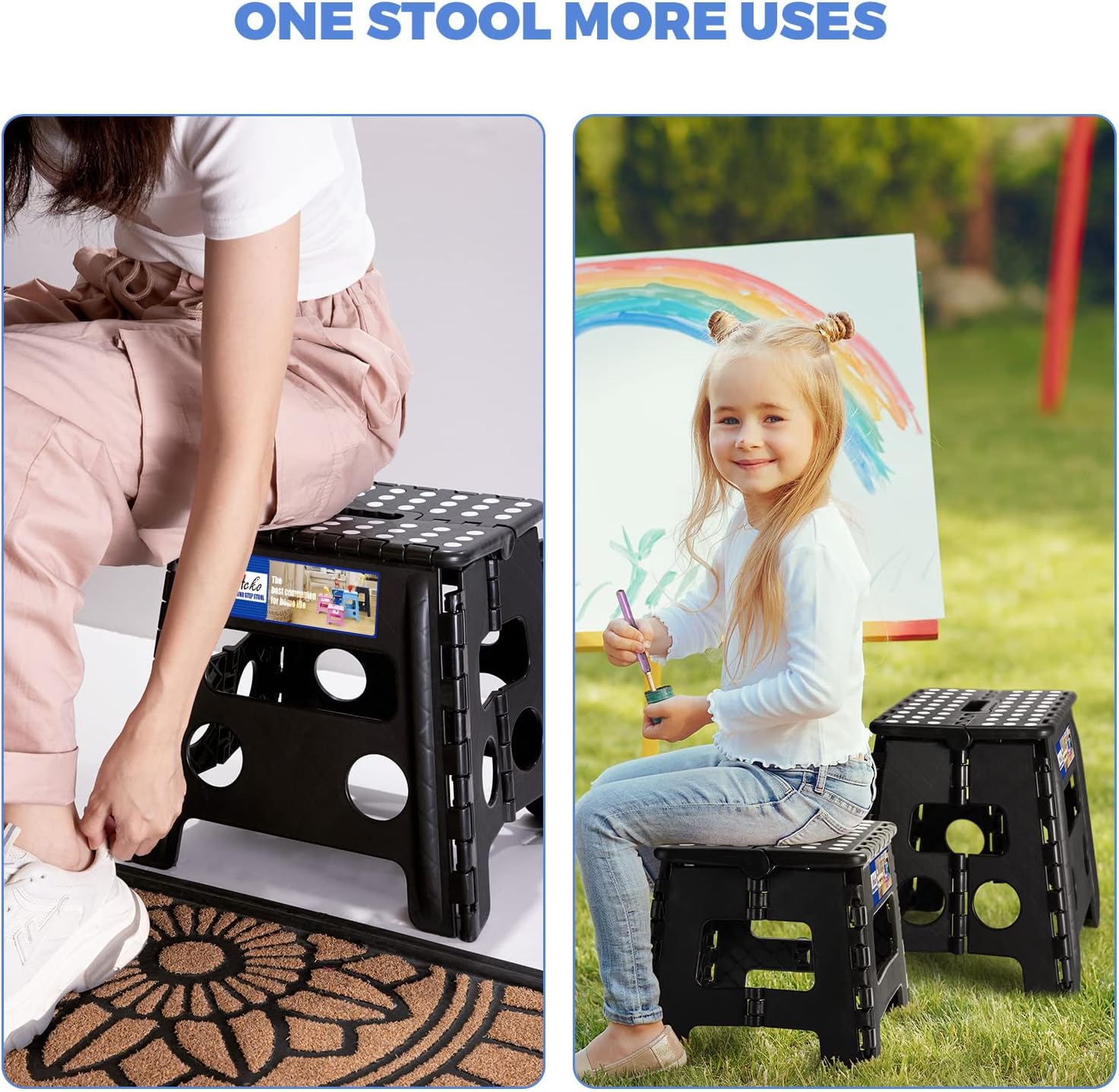 ACKO 13 Inch Folding Step Stool 3-Piece Set, 300 LB Capacity Plastic Foldable Stools with Handle, Non-Slip Bundle (Black & Black & Gray)