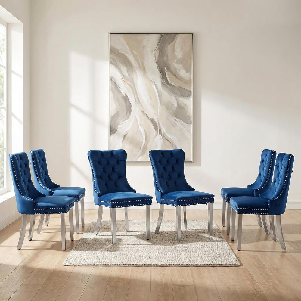 OVENTA Modern Tufted Upholstered Dining Chairs Set of 6, Navy Blue Velvet Din...