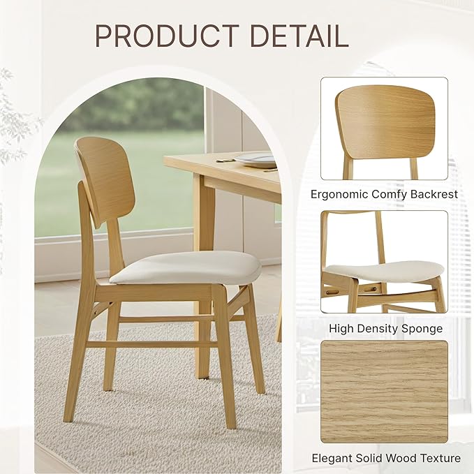 Wooden Dining Chairs Set of 4, Upholstered Modern Dining Room Chairs, Mid Century Oak Kitchen Chairs with Ergonomic Wood Backrest for Farmhouse, Restaurant, Café (Cream Fabric & Original Color)