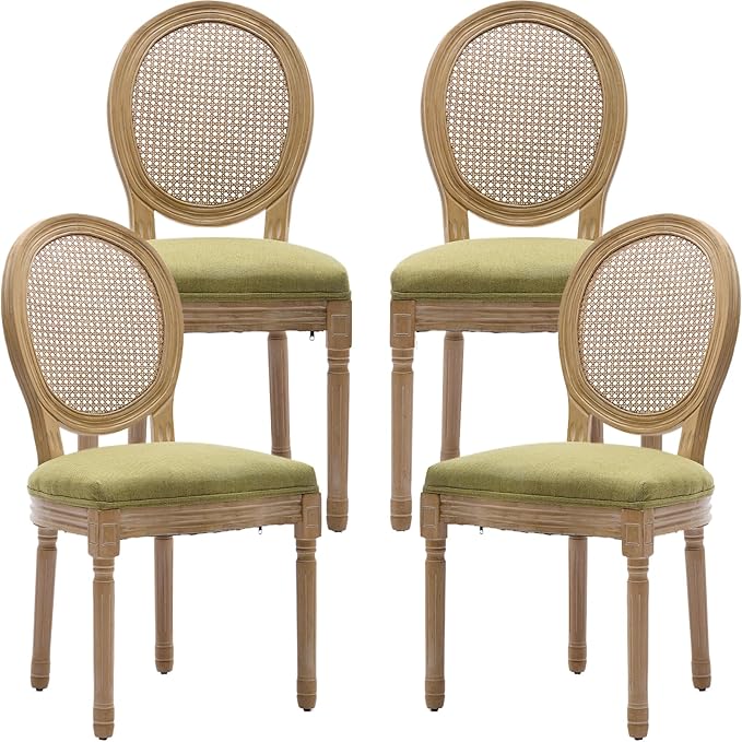 French Country Dining Chairs Set of 4, Olive Green Kitchen & Dining Room Chairs Set of 4, Rattan Dining Chairs, Cane Back, Wood Legs, Sillas De Comedor (Rattan, Olive Green, 4Pcs)