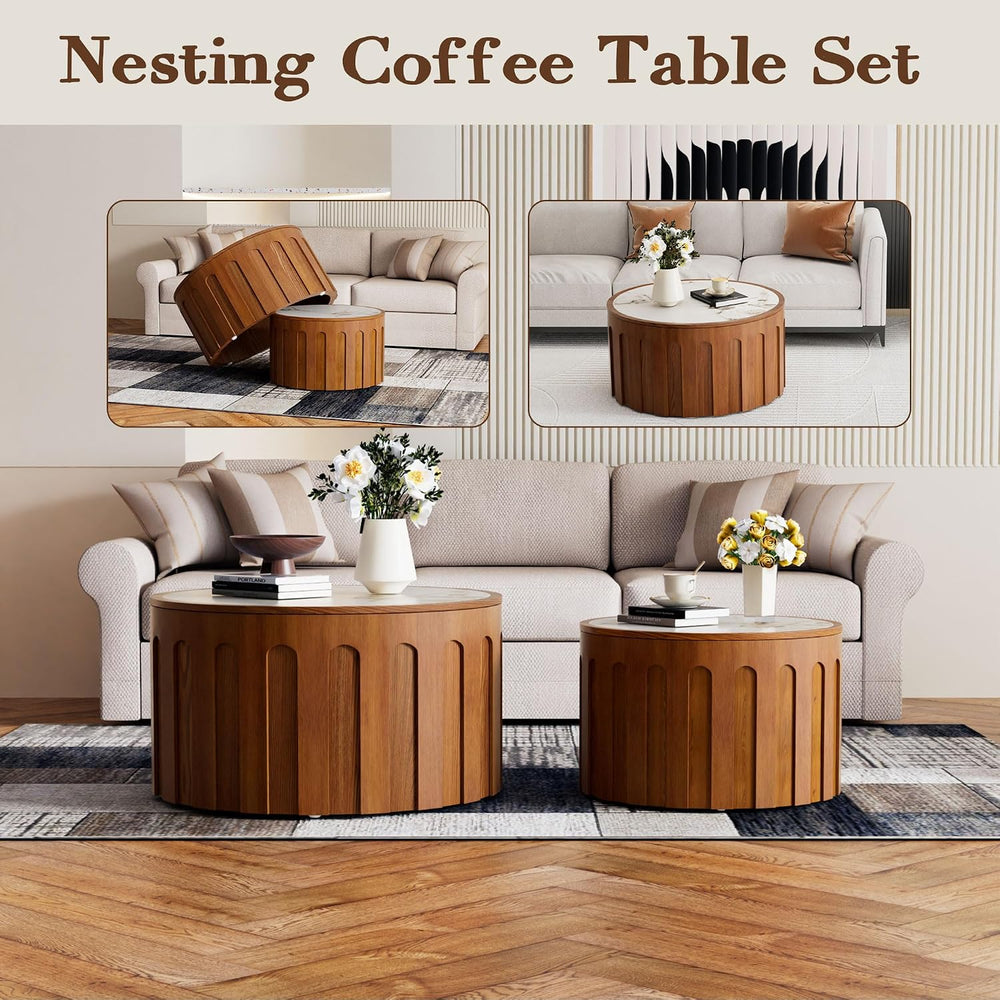 26.4" Round Nesting Coffee Table Set of 2, White | Fluted Wood Accent Ba...