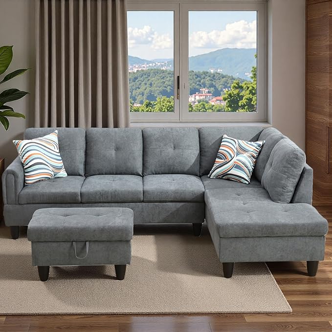 Sectional Couches for Living Room with Movable Chaise & Storage Ottoman - 97.5" Velvet L Shaped Couches for Living Room Apartment, 4 Seat Home Furniture Modular Sectional Sofas, Grey