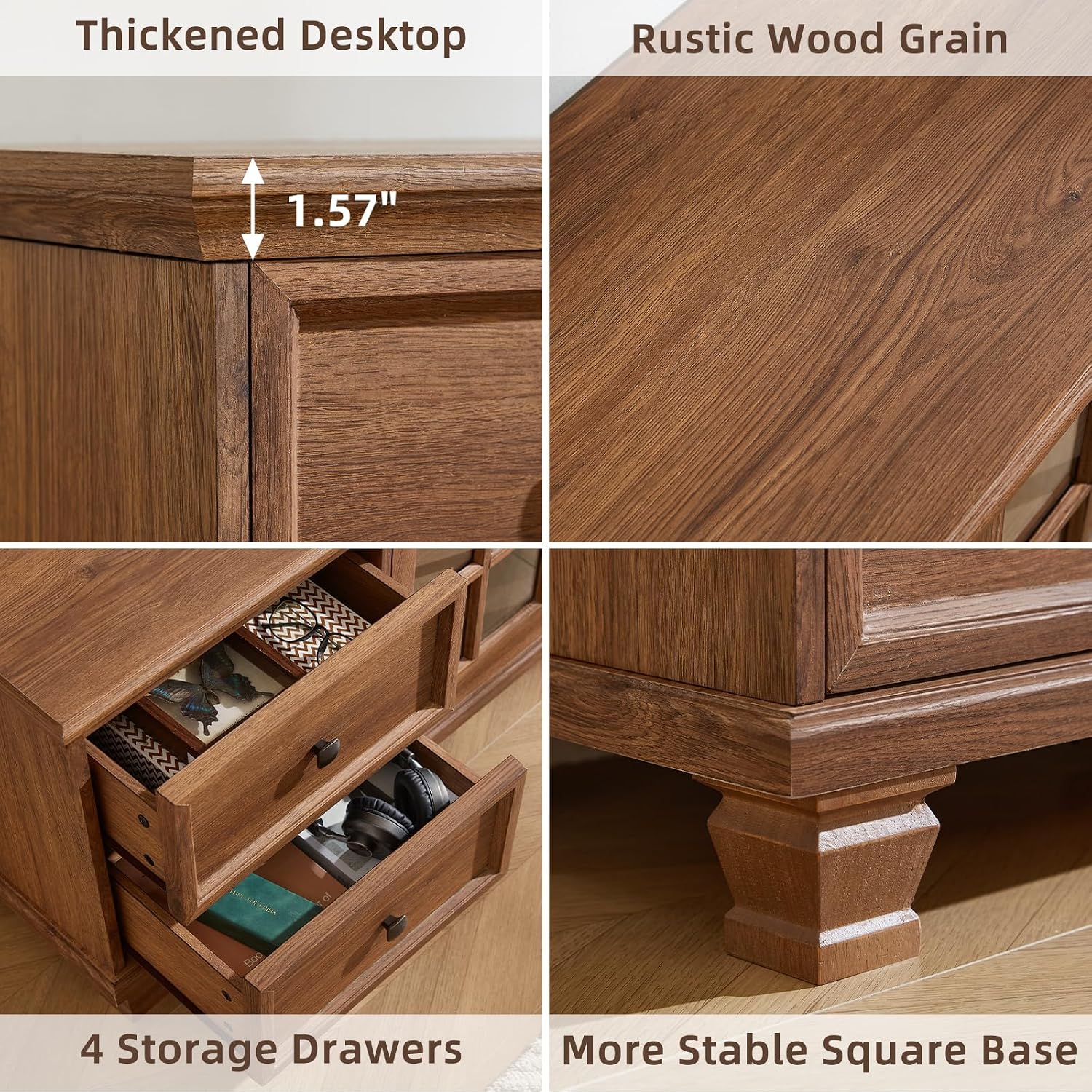 Farmhouse TV Stands for Living Room, Brown | Heavy-Duty Rustic Entertainment Center with 4 Drawers & Thickened Top & Square Wooden Legs for 65 Inch TV