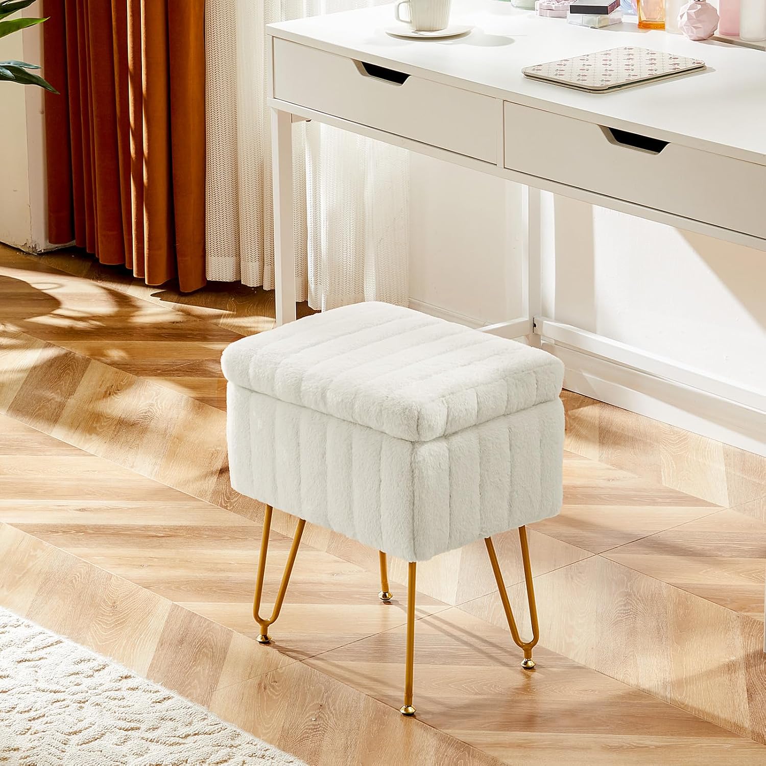 OLIXIS Vanity Stool Chair Faux Fur with Storage, Soft Ottoman 4 Metal Legs with Anti-Slip Feet, Makeup Cute Soft Small Footstool, Modern Style Faux Fur Seat for Makeup, Bedroom Dresser, Ivory
