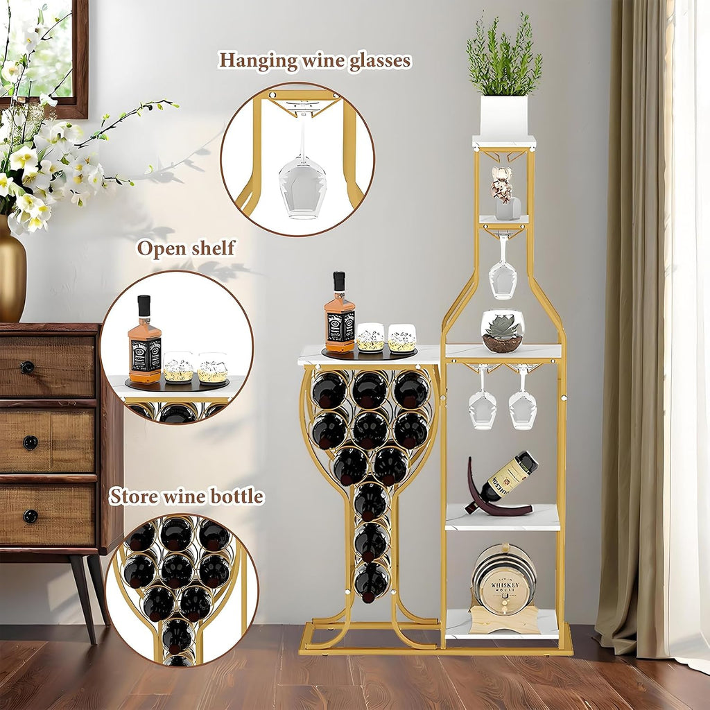 5-Tier Wine Rack Freestanding Floor, 11 Bottles Modern Wooden Wine Holder-Storage Cabinet for Home Bar, Kitchen, Dining Room Space Saving Bar Stand with Easy Assembly.(Gold/White)