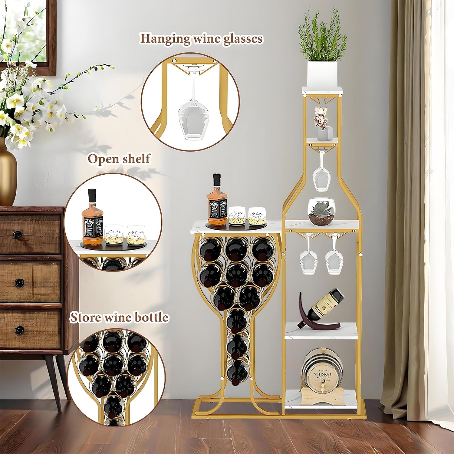 5-Tier Wine Rack Freestanding Floor, 11 Bottles Modern Wooden Wine Holder-Storage Cabinet for Home Bar, Kitchen, Dining Room Space Saving Bar Stand with Easy Assembly.(Gold/White)