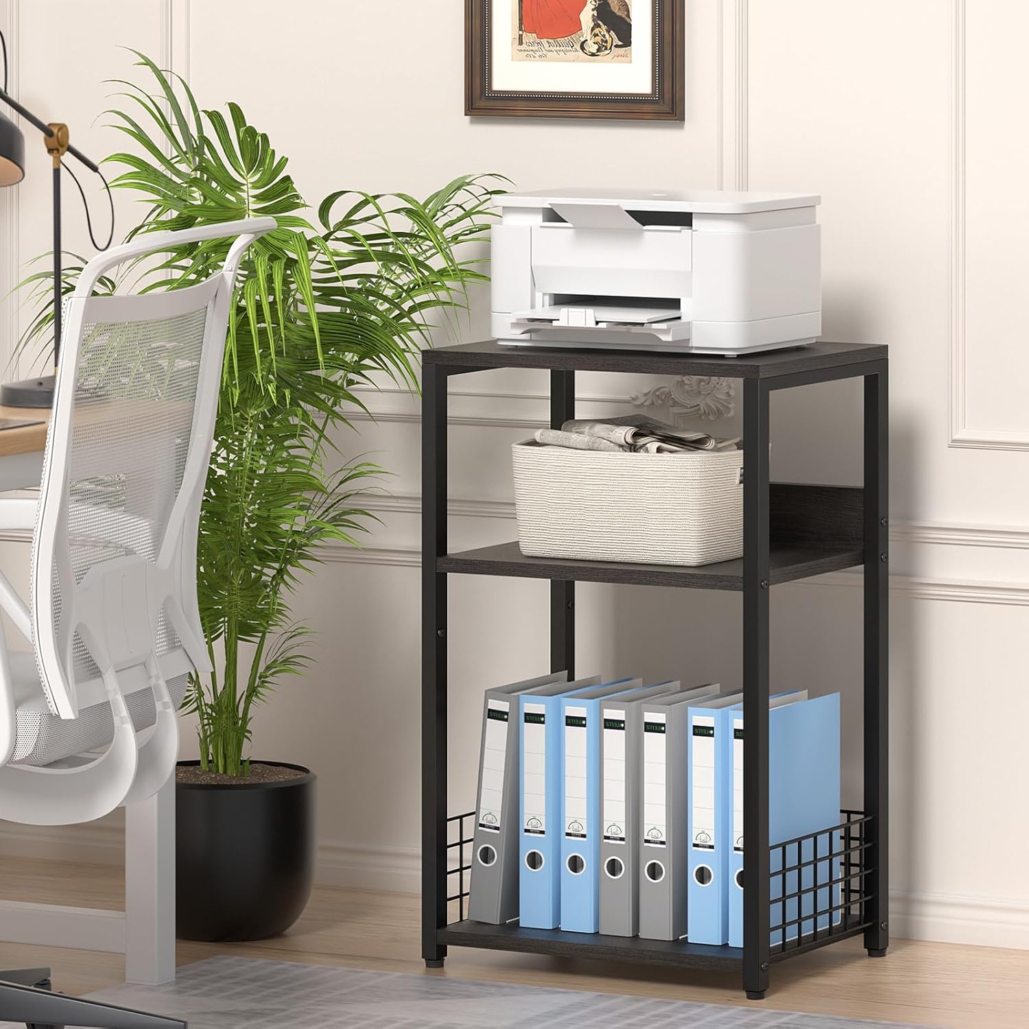 LELELINKY Large Rustic Grey Record Player Stand, 3 Tier 18" Wide Big End Table with Vinyl Storage Up to 130 Albums, Industrial Turntable Printer Tables, Modern Side Tables for Living Room, Office