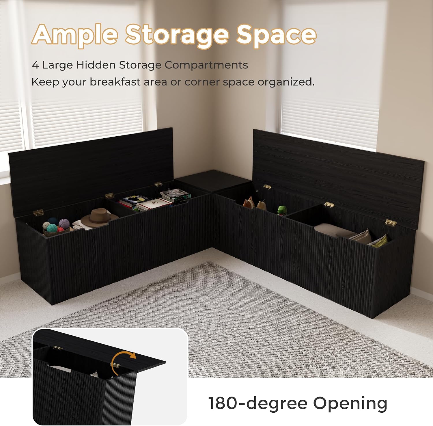 Mekminop Kitchen Breakfast Nook Bench, Backless Wood Corner Bench with Cushion Seat, L Shape Dining Bench with Hidden Storage Space, Black