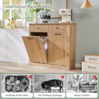 Modern Double Tilt-Out Trash Cabinet, 20 Gallon Fluted Laundry Hamper Cabinet with 2 Drawers, Wooden Hidden Garbage Can Cabinet with Storage Basket for Kitchen & Living Room, Natural Oak