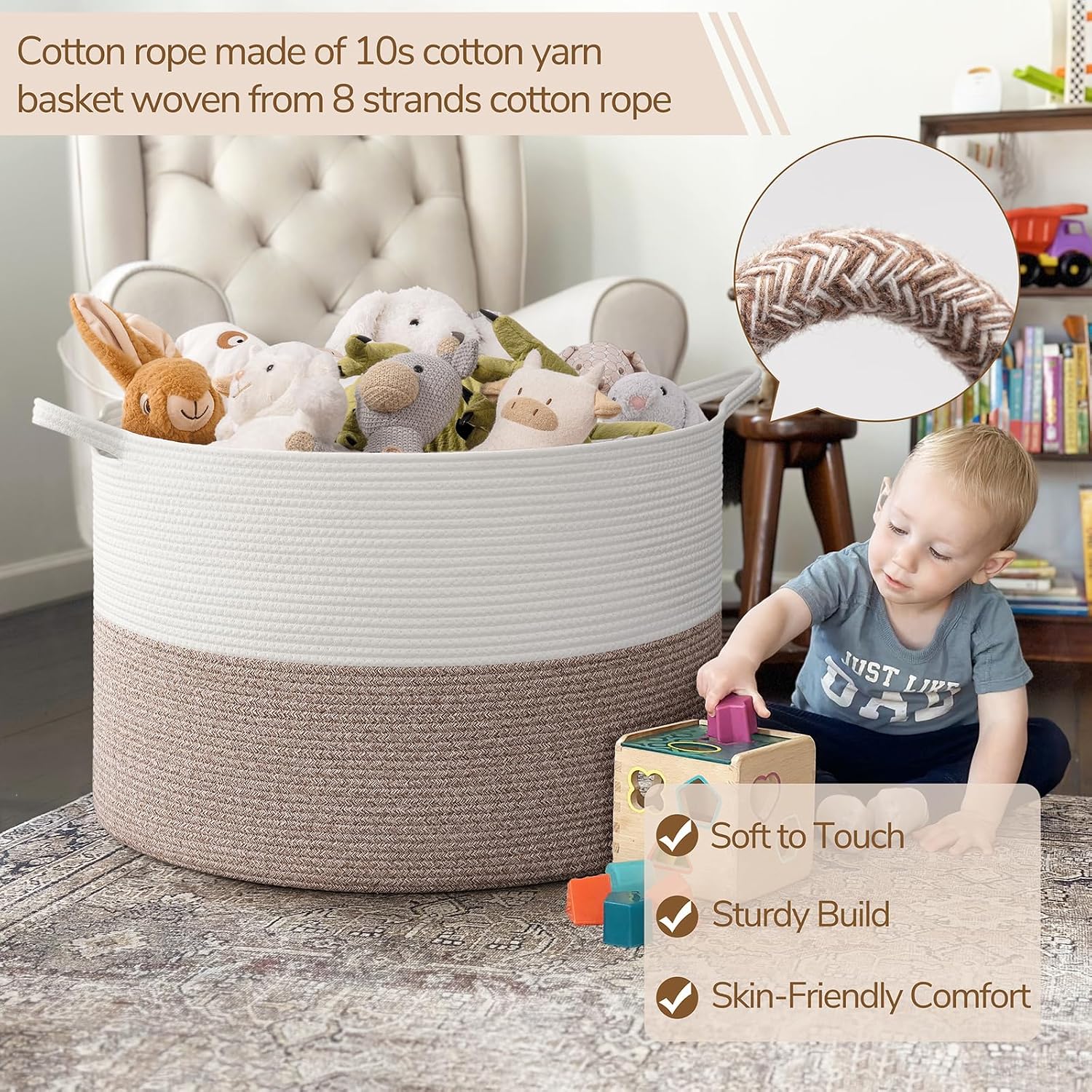 INDRESSME 115L Extra Large Woven Rope Blanket Basket Living Room, Brown | 23.6" x 15.7" Storage baskets for toys laundry & pillows. Fits living room, bedroom or nursery décor. Soft-touch with handles
