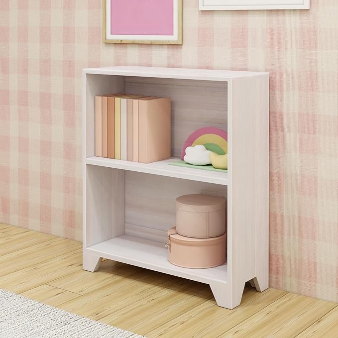 Max & Lily Modern Farmhouse 2-Shelf Bookcase, Solid Wood Bookshelves for Kids Bedroom, White Wash