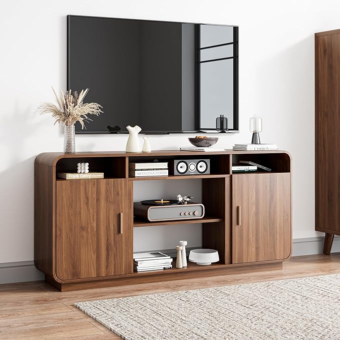 Mid Century Modern TV Stand for 65 Inch TVs, Entertainment Center with Storage Cabinets and Adjustable Shelves, Rustic Media TV Console Table for Living Room, Bedroom (Walnut)