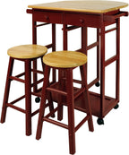 Casual Home Drop Leaf Breakfast Cart with 2 Stools-Red