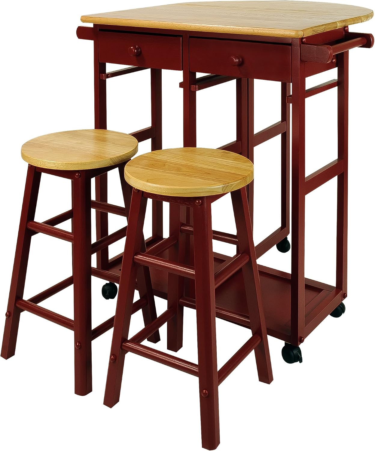 Casual Home Drop Leaf Breakfast Cart with 2 Stools-Red