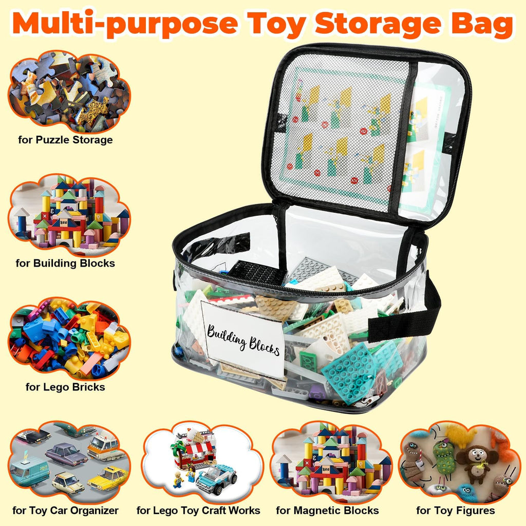 8 Pack Clear Toy Storage Bag with Name Tag& Manual Pocket, Wide-open Transparent PVC Toy Organizer Case with Portable Handle for Lego Bricks, Building Blocks, Board Games& Puzzles (Black)