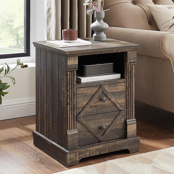 Farmhouse White Night Stand Set of 2, 18" Nightstand with Charging Station, Wood Rustic End Table, Roman Column Design, Modern Design Bedside Cabinet for Bedroom,Home, Dark Rustic Oak
