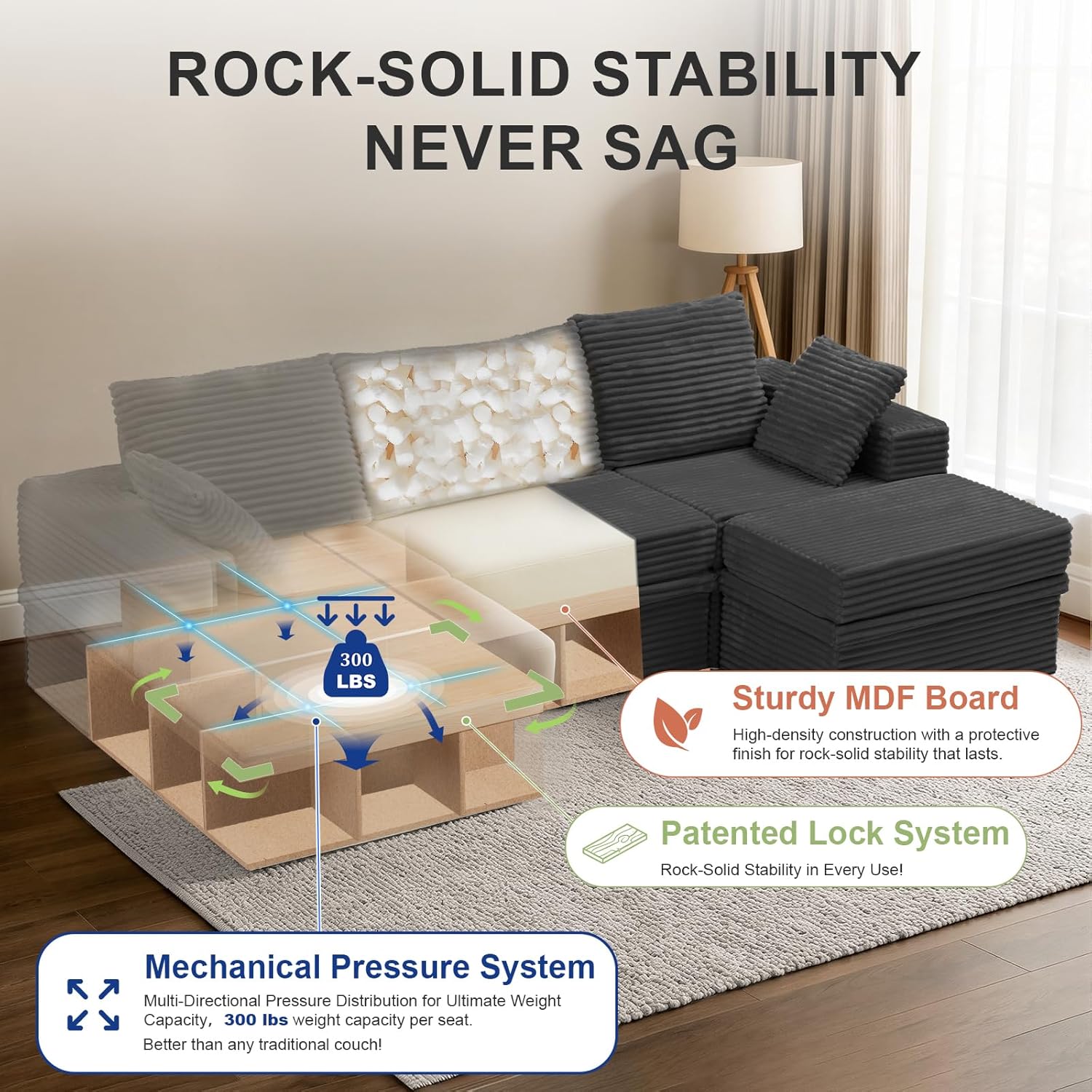 142'' Modular Sectional Sofa, Deep Seat Boneless Couch with Storage | Oversized High-Back for Living Room & RV | With Ottoman | High Density Foam & Corduroy | Tool-Free Assembly | Cozy Dark Gray