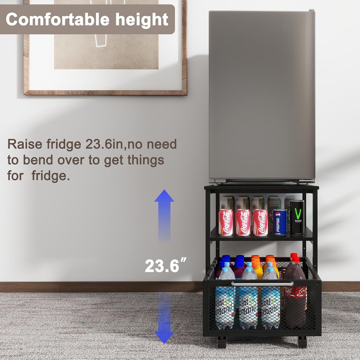 PUNCIA 19.7"x19.7" Mini Fridge Stand 3-Tier Beverage Fridge Table, Black | 220-LB Capacity Beverage Refrigerator Table, Heavy Duty Rolling Organizer with Drawers for Dorm Apartment Office Bedroom