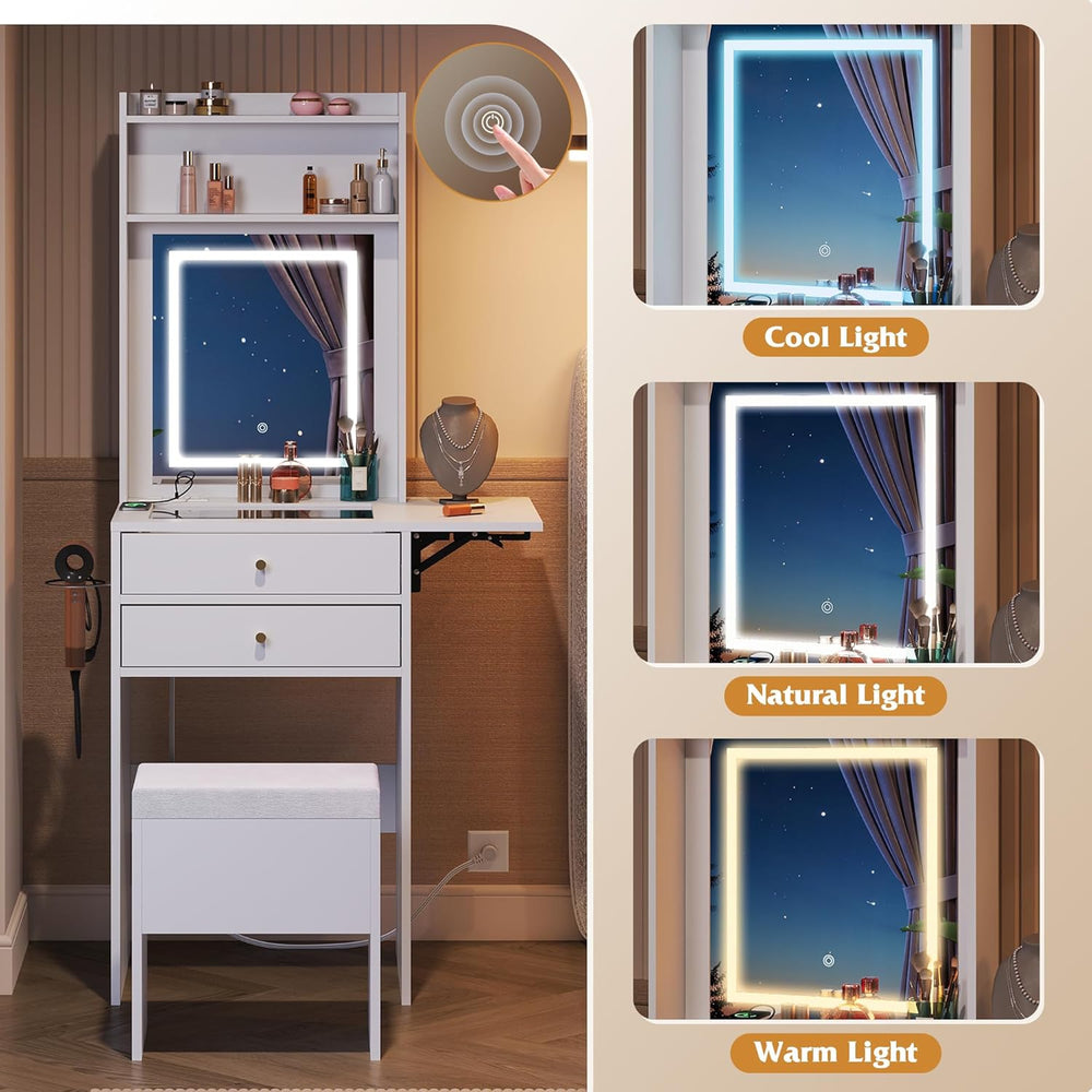 WLIVE Small White Vanity Desk with Mirror and Adjustable Lights for Girls | C...
