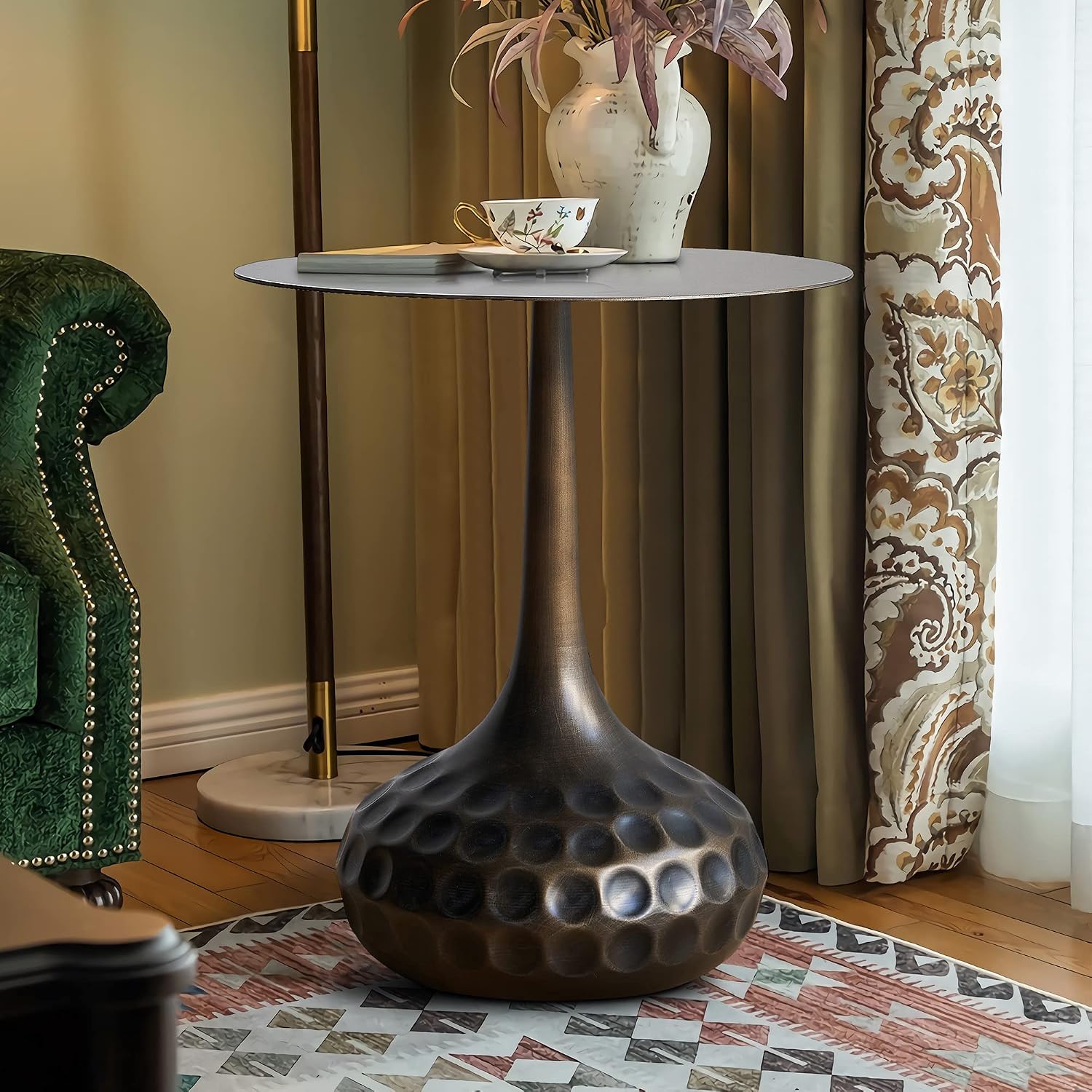End Table, Modern Coffee Table, Iron Decorative Pedestal Metal Accent Table for Living Room/Bedroom/Balcony/Office/Indoor/Outdoor