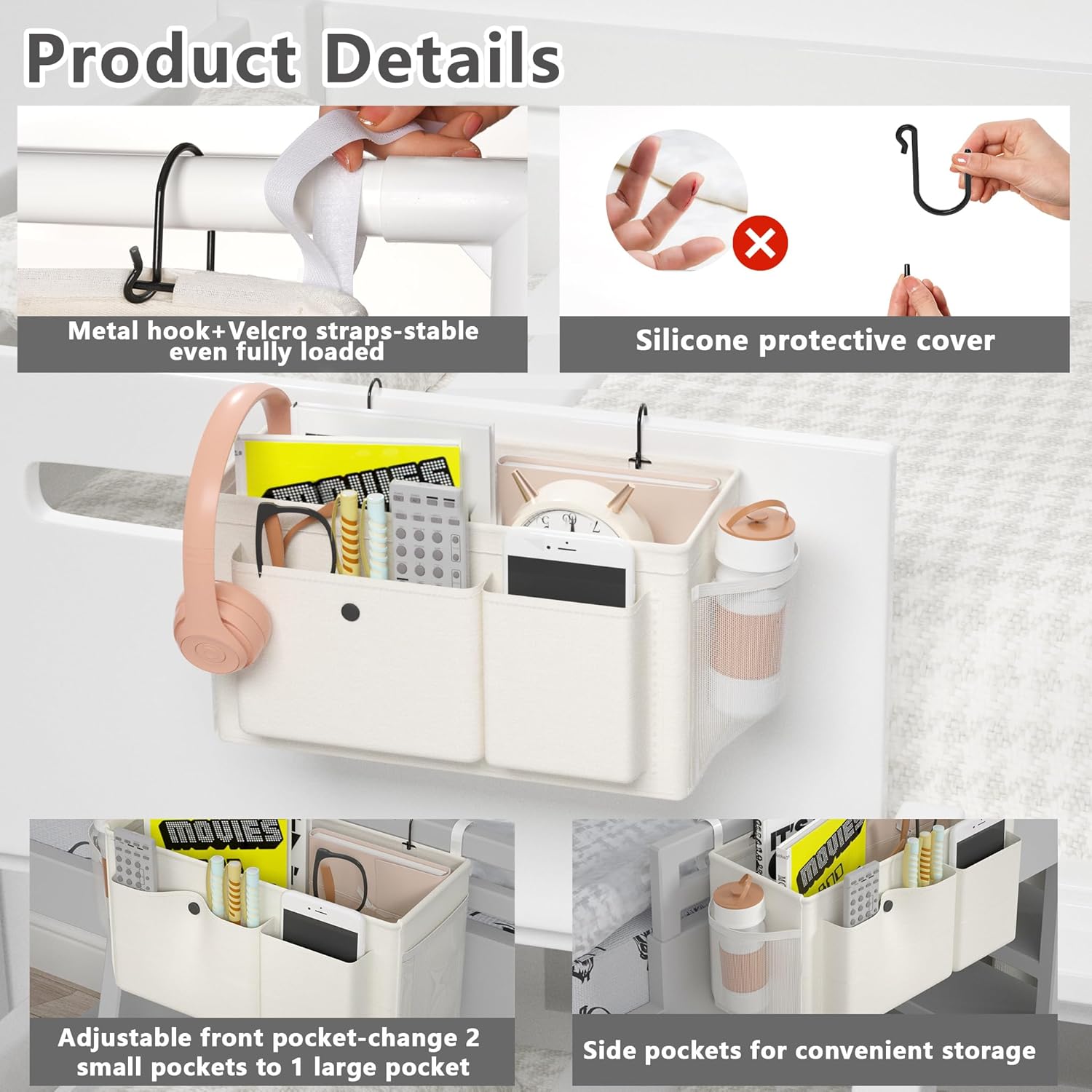 Bedside Caddy Bedside Organizer with Fixed Straps & Water Bottle Holder, Bunk Bed Caddy ideal for Home, Dorm, Hospital, Crib, Versatile Bedside Storage Solution (White)