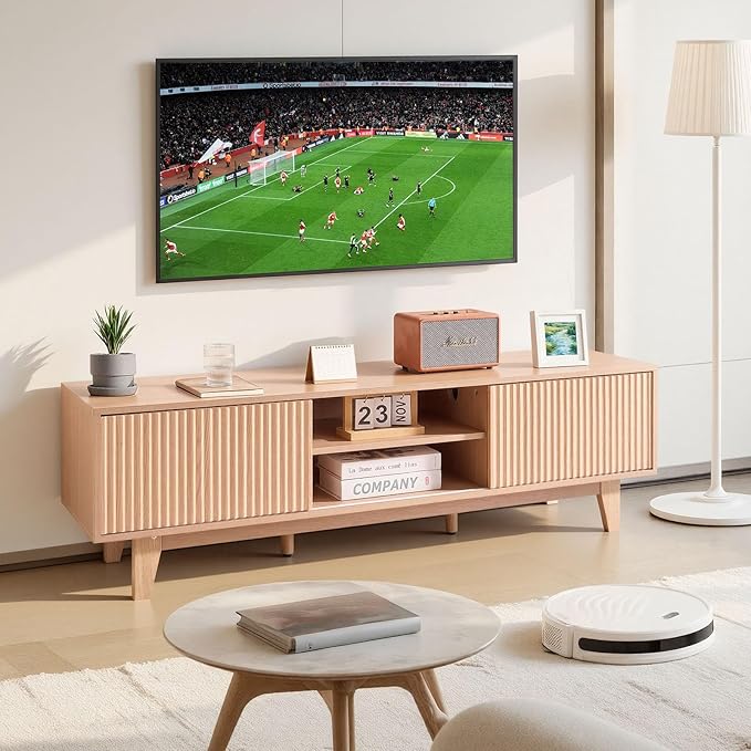 VEVOR 59" Fluted TV Stand, Boho Entertainment Center for 55/60/65 inch TVs, Mid Century Modern Media Console TV Storage Cabinet with Sliding Door and Adjustable Open Shelves, for Living Room, Bedroom