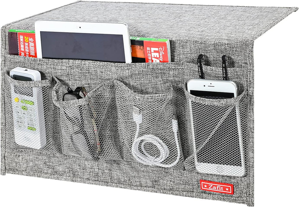 Linen 6 Pockets Bedside Caddy, Bedside Storage Organizer for Magazine, Remotes, Phone (Grey)