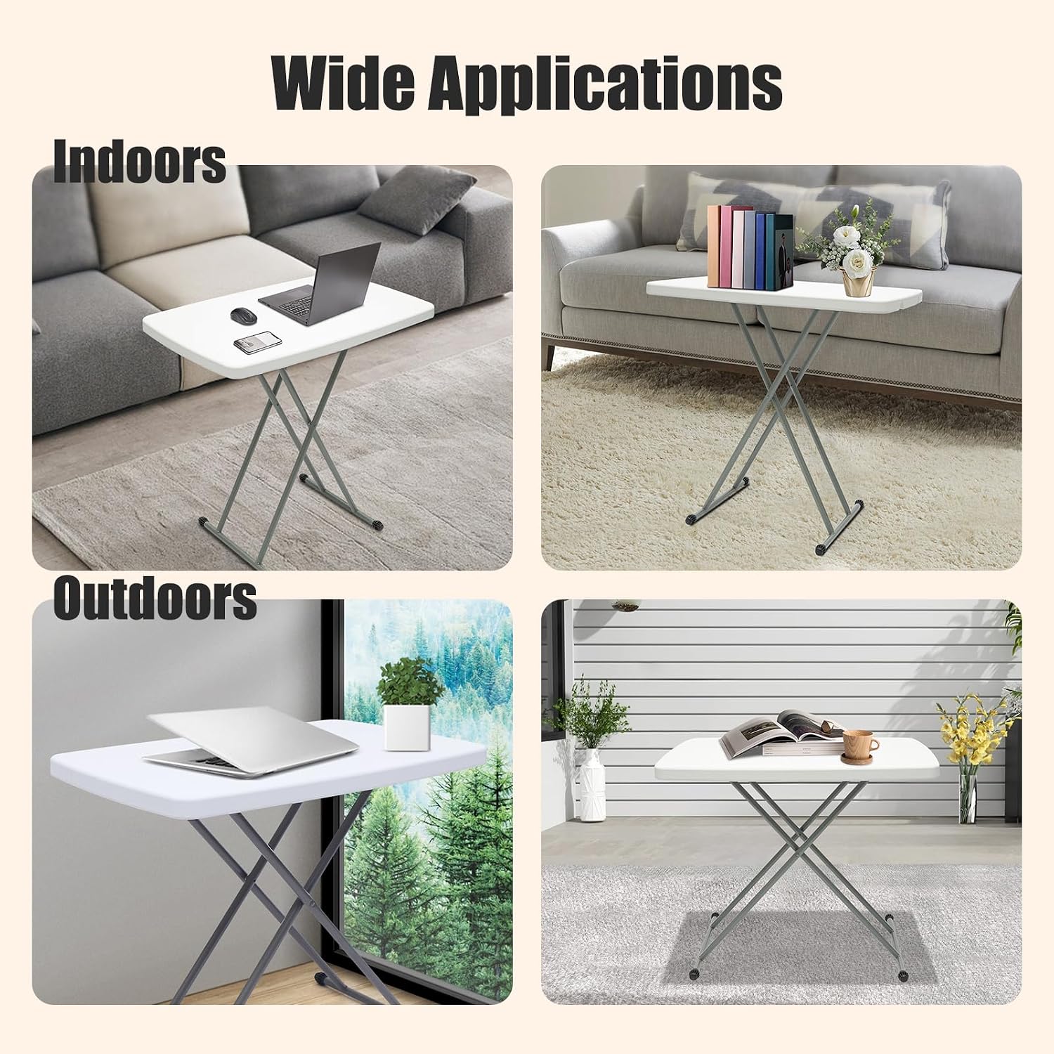Adjustable Folding Table – 30" x 20" Foldable Desk with 5 Height Settings (18", 25", 29"), Lightweight Small Table for Camping, Outdoor, Indoor, Bedside Use, Portable White Granite Table
