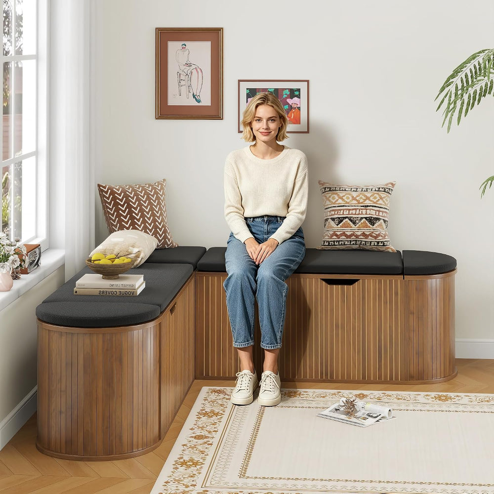 L Shaped Storage Bench with Cushion, Mid Century Modern Corner Dining Bench, ...