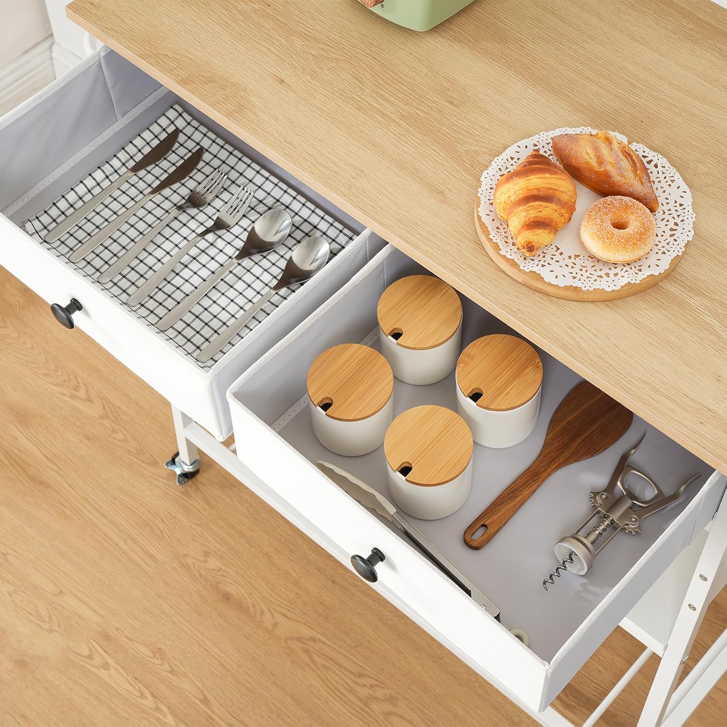HOOBRO Kitchen Island with Storage, Rolling Island Cart for Kitchen with 2 Drawers & Outlet, 3 Tier Coffee Station and Microwave Stand, Kitchen Island Table for Home, Natural and White WN08UZD01