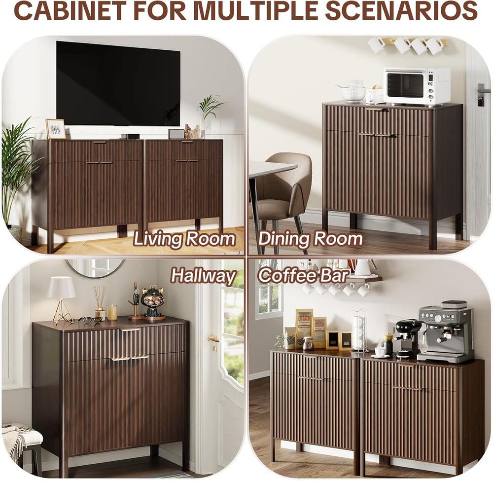 Fluted Buffet Cabinet with Storage - Modern Sideboard Accent Credenza with Do...