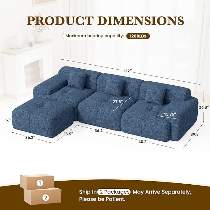 122" L Shaped Convertible Modular Couch, Cloud Couch Sectional with Ottoman, 4-Seater Chenille Boneless Couches for Living Room, Apartment, No Assembly, Blue 1PCS