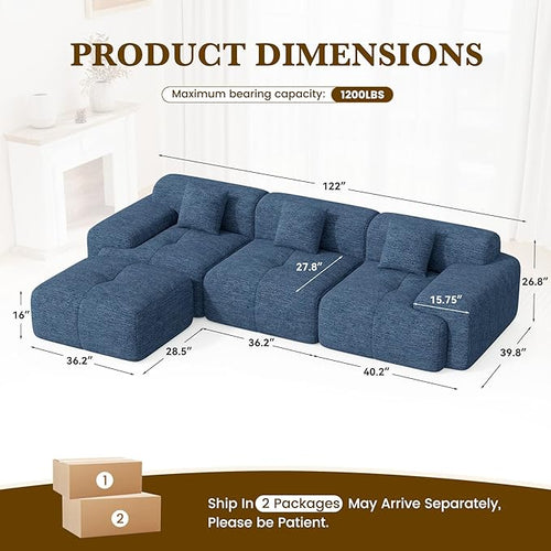 122" L Shaped Convertible Modular Couch, Cloud Couch Sectional with Ottoman, 4-Seater Chenille Boneless Couches for Living Room, Apartment, No Assembly, Blue 1PCS