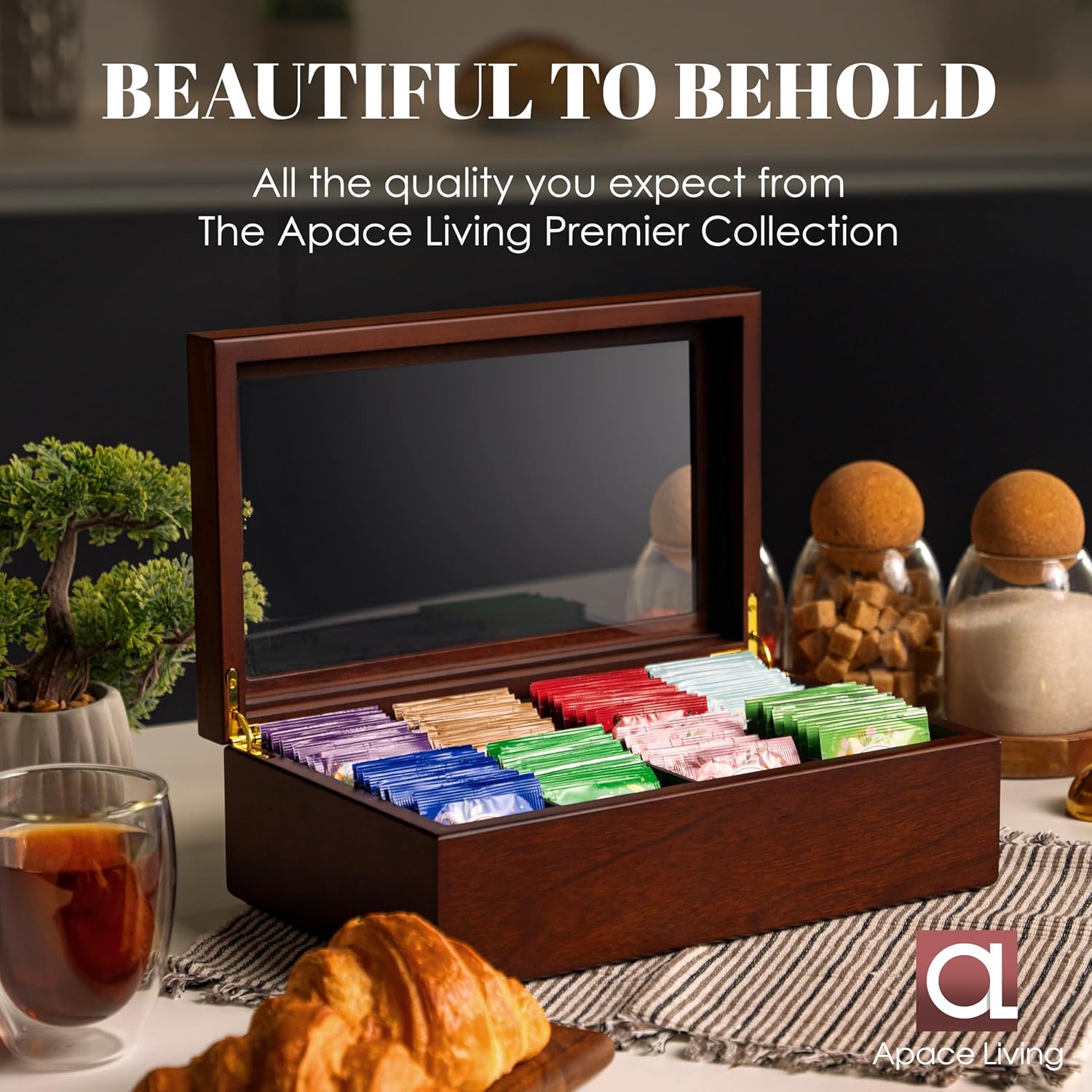 Tea Box - Luxury Wooden Tea Bag Organizer from The Apace Premier Collection - 8 Compartment Tea Storage Chest Container - Elegantly Handmade w/Scratch Resistant Window